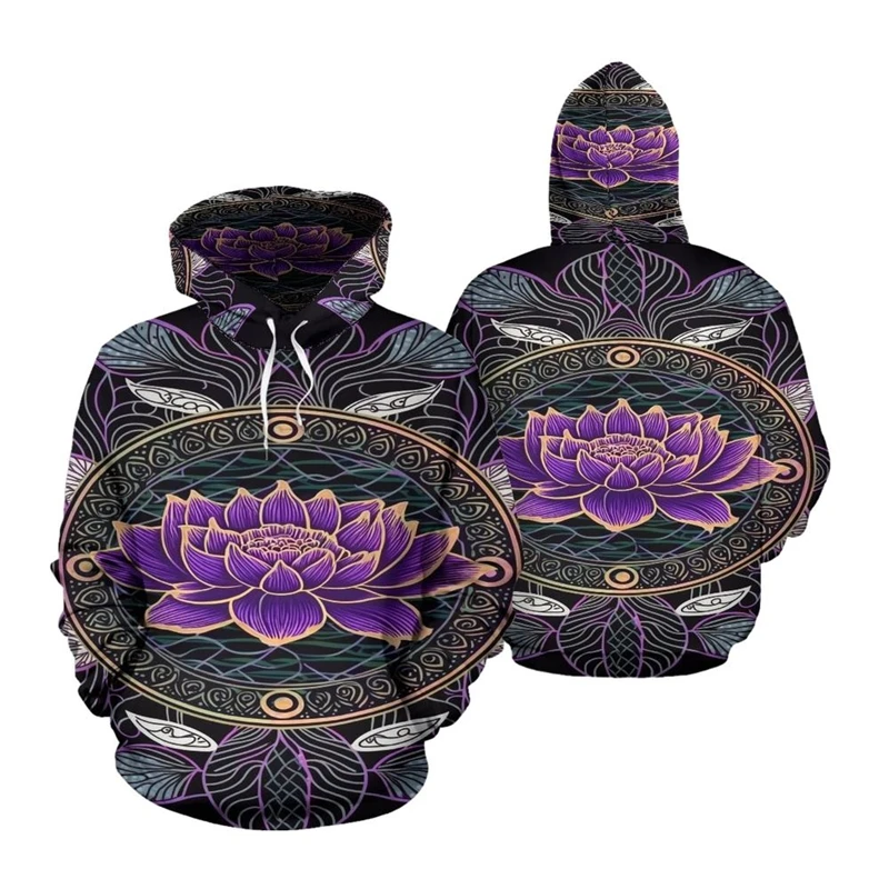 Purple Lotus Mandala Hoodie Men's Clothing 3D Print Retro Elephant Graphic Pullover Sweatshirt Autumn Fashion Outdoor Hoodies