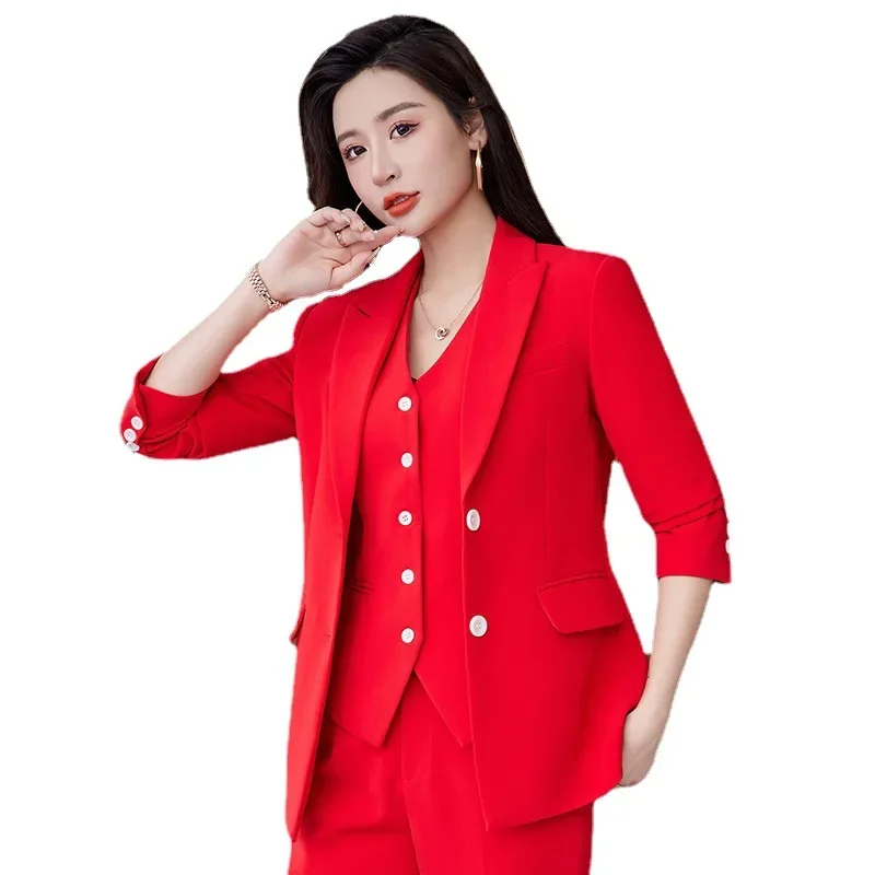 Conjunto Formal de 3 piezas para mujer, chaqueta de manga larga con chaleco y pantalón, color rojo, azul y negro, para oficina, 2024