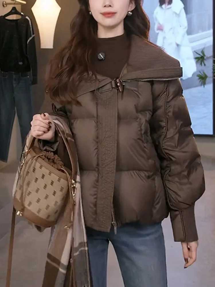 

Deep Brown Thickened Short Cotton Jacket Women's Winter Warm Outerwear Stand Collar Zipper Closure Korean Style Commute