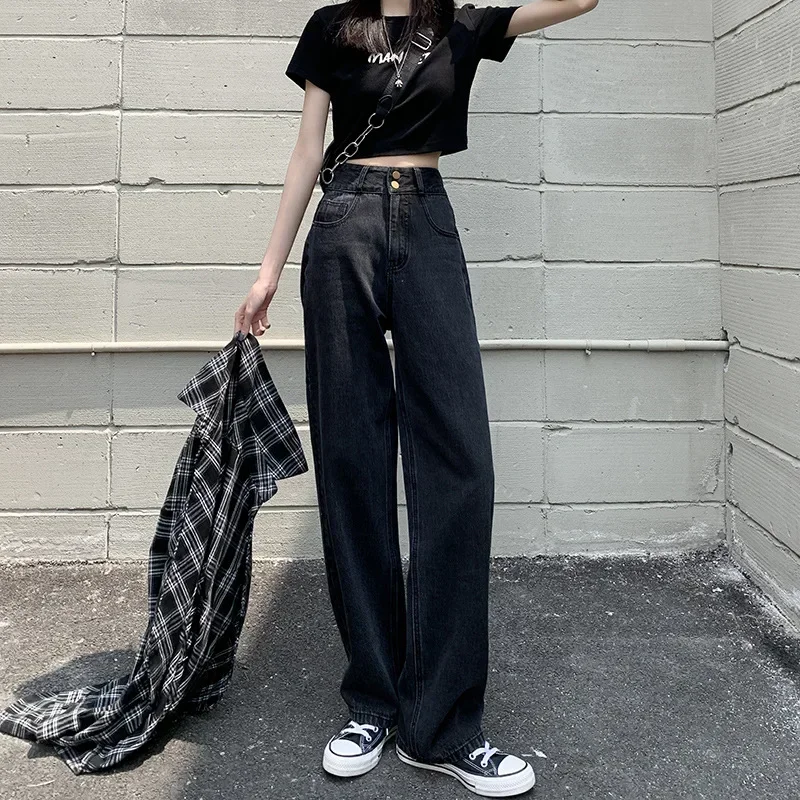 

Denim Wide Leg Pants Women High Waist Causal Vintage Denims Pockets Zipper Fly Straight Trousers Female Full Length Jeans