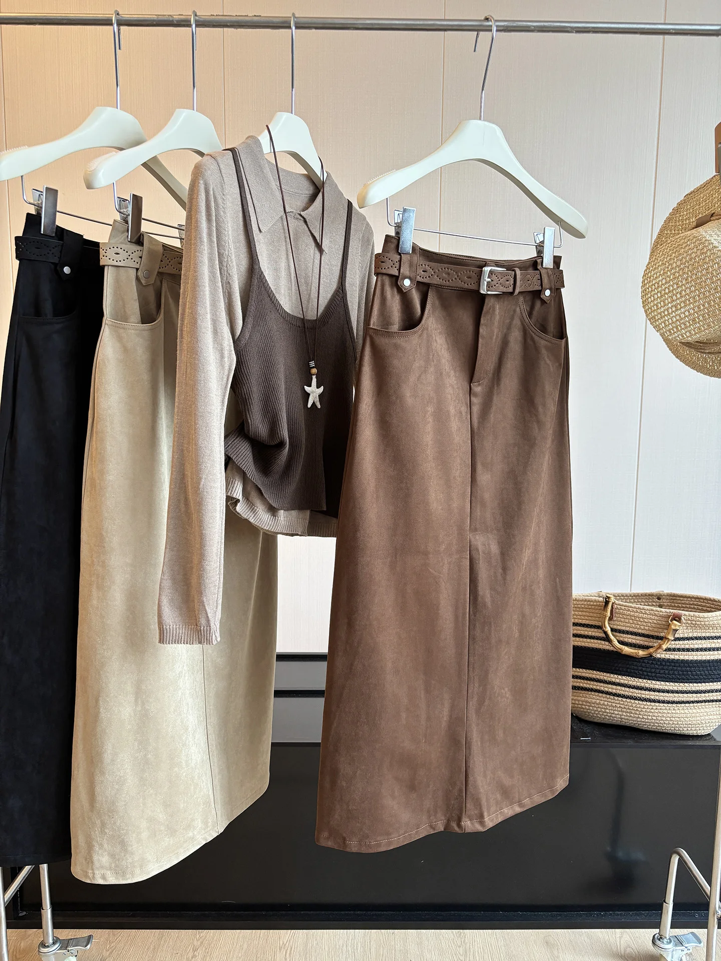 High Waist A-Line Midi Skirt Women's Autumn Versatile Slimming Belted Suede  Skirt Polyester Fiber Standard Fit