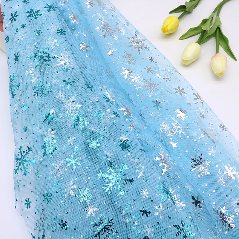 100x150cm Silver Snowflake Hot Stamping Tulle Fabric Mesh Fabric for Dress Skirt Lace Net Fabric Gauze Apparel Cloth DIY Sewing