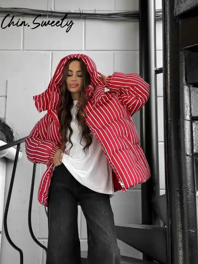 

Модная полосатая женская стеганая куртка, свободная куртка с капюшоном, утепленная молния, женская верхняя одежда с длинными рукавами, осень-зима 2026, женская уличная одежда