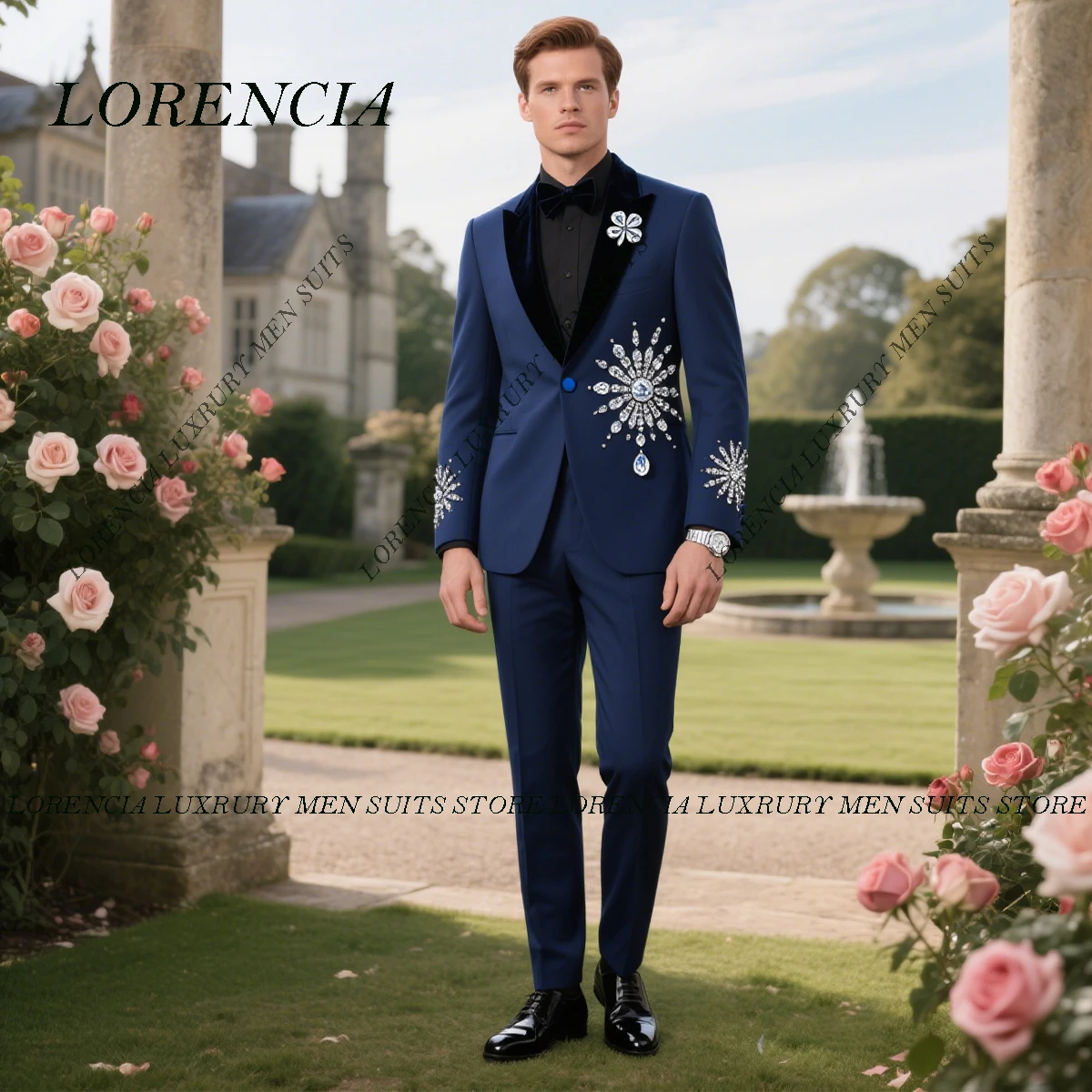

Customized Handsome Peak Lapel Men Suits Luxury Gem Diamond Wedding Tuxedos 2 Pieces Sets Groom Male Blazers Costume Homme