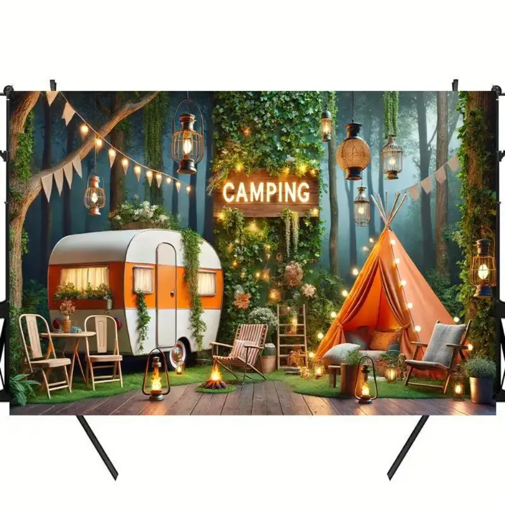 Fotografie-Hintergrundstoff „Happy Camping Forest Adventure Theme“-Banner, Fotografie-Hintergrund für Wald- und Bergwanderdekoration – Detail 3