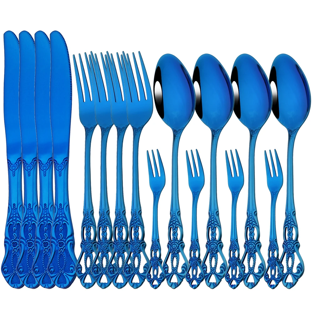 Vintage Royal Blue Dinnerware Stainless Steel Set 4/16Pcs Dinner Spoons Fruit Forks Knives Silverware Wedding Tableware Gift