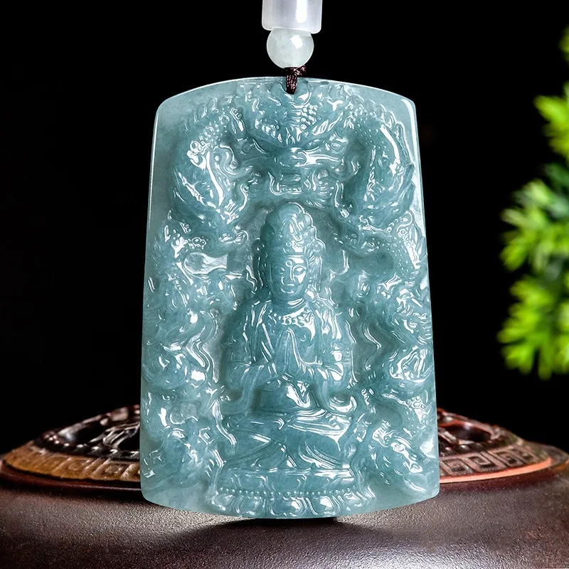 

Hand-carved Natural Burmese Blue Emerald Dragon Guanyin Jade Pendant Necklace Fashion Charm Jewelry Amulet Gifts for Women Men