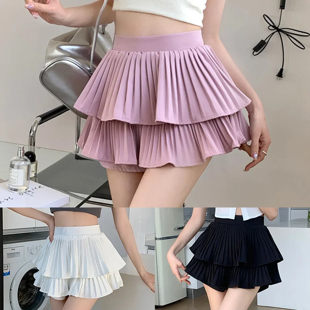 

Womens Puffy Skirt Versatile Slimming Cute Casual Pleated Skirt High Waist Double Layer Solid Color A-Line Pleated Mini Skirt