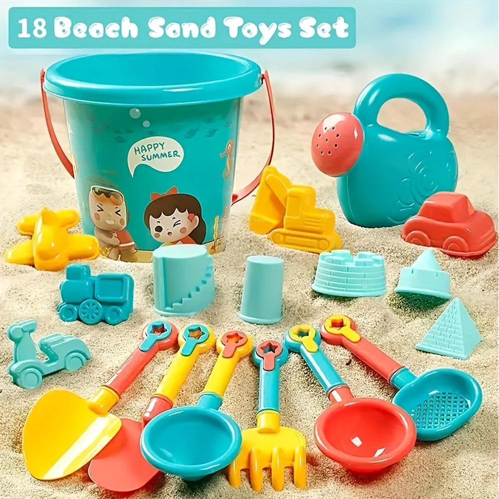 Conjunto de brinquedos de areia de praia de 18 peças, plástico durável, conjunto de jogos de praia de piscina de verão, ferramentas de jogo de areia ao ar livre para meninos e meninas, grandes férias