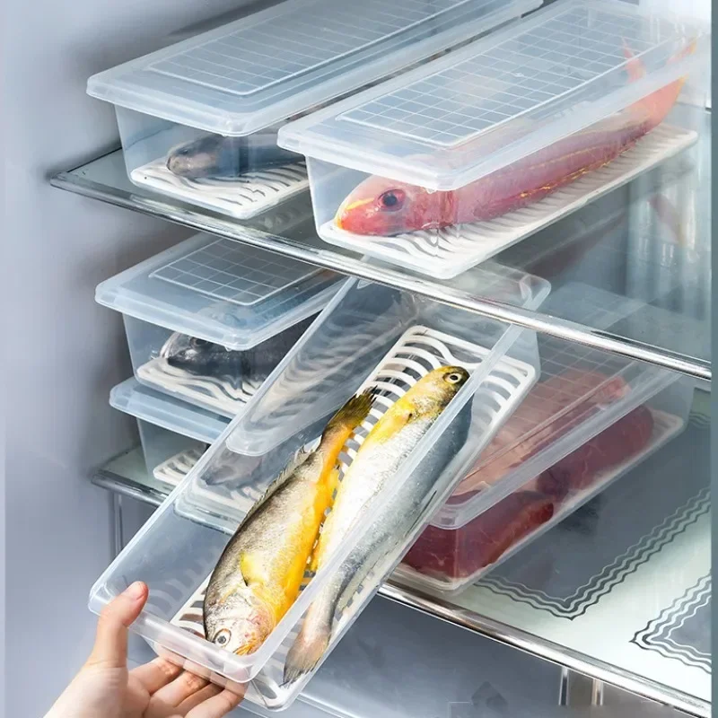 

Crisper Plastic Drainer Fish Box Fresh Vegetable Storage Box Meat Food Storage Fridge Organizer Storing Food in The Home Kitchen