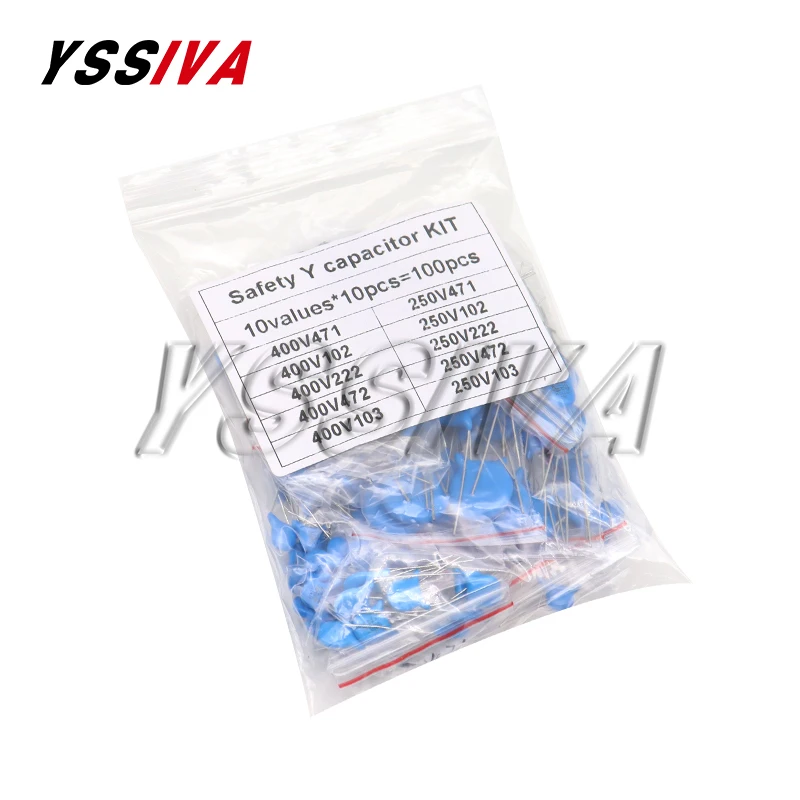 100pcs=10value*10pcs Safety Y capacitor KIT 400VAC 250VAC 471 102 222M 472M 103M EACH 10PCS DIY Set