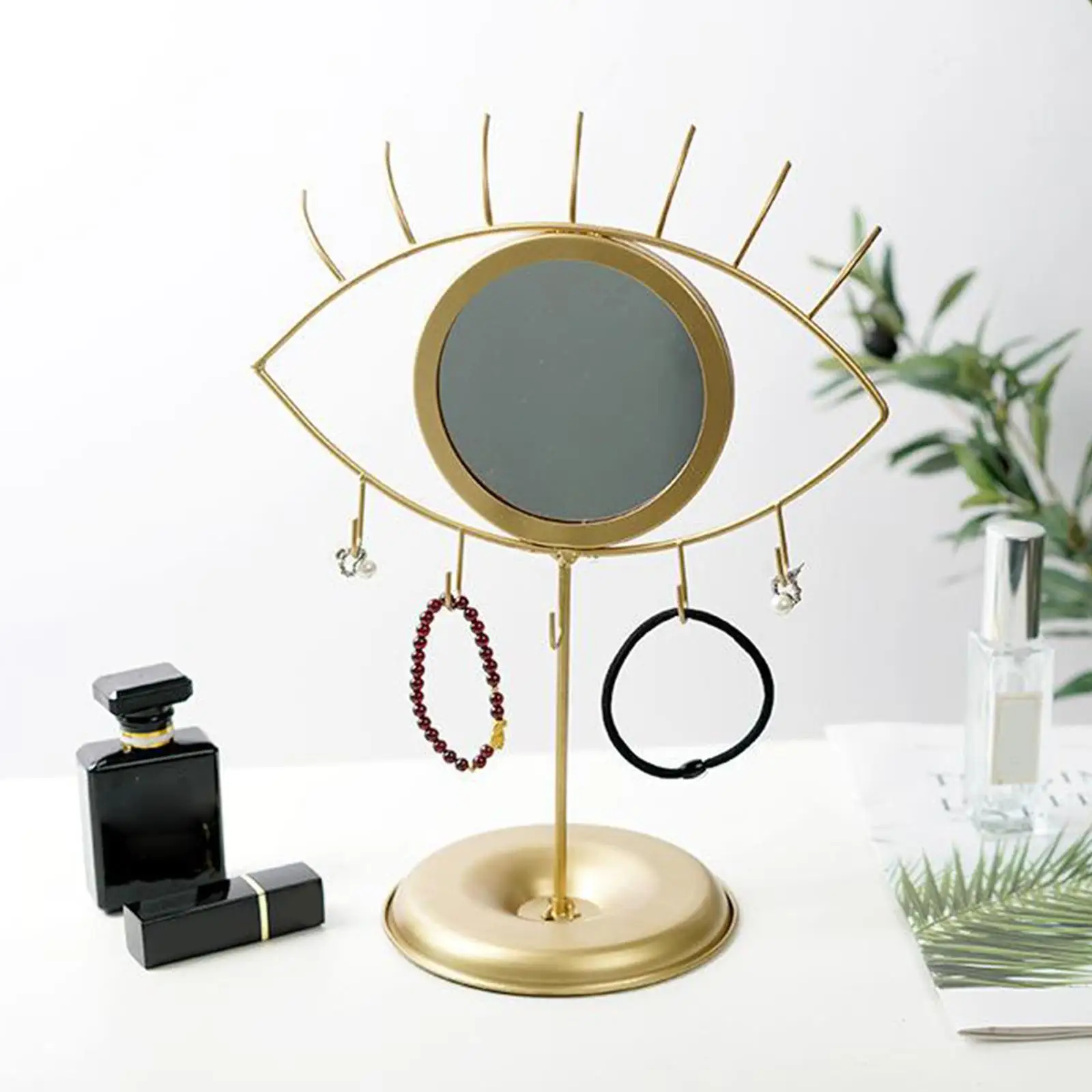 Espejo de mesa en forma de ojo con soporte de gancho para joyería, pulseras, pendientes, anillos