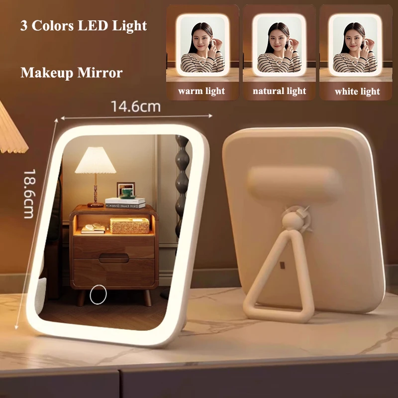 

3 Colors Light Led Makeup Mirror Touch Screen Desktop Mirrors for Fill Light Portable 4K HD Bedroom Cosmetic Mirror USB Charging