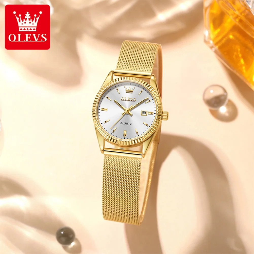 OLEVS Luxury Quartz Watches for Women Original New Gold Mesh Steel Strap Elegant Ladies Watch Waterproof Date Woman Watch 5692