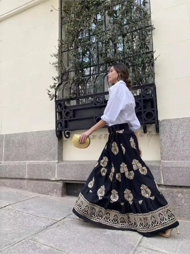 Falda estampada Vintage para mujer, faldas largas holgadas de cintura elástica con cordón, ropa informal a la moda para primavera y verano, novedad