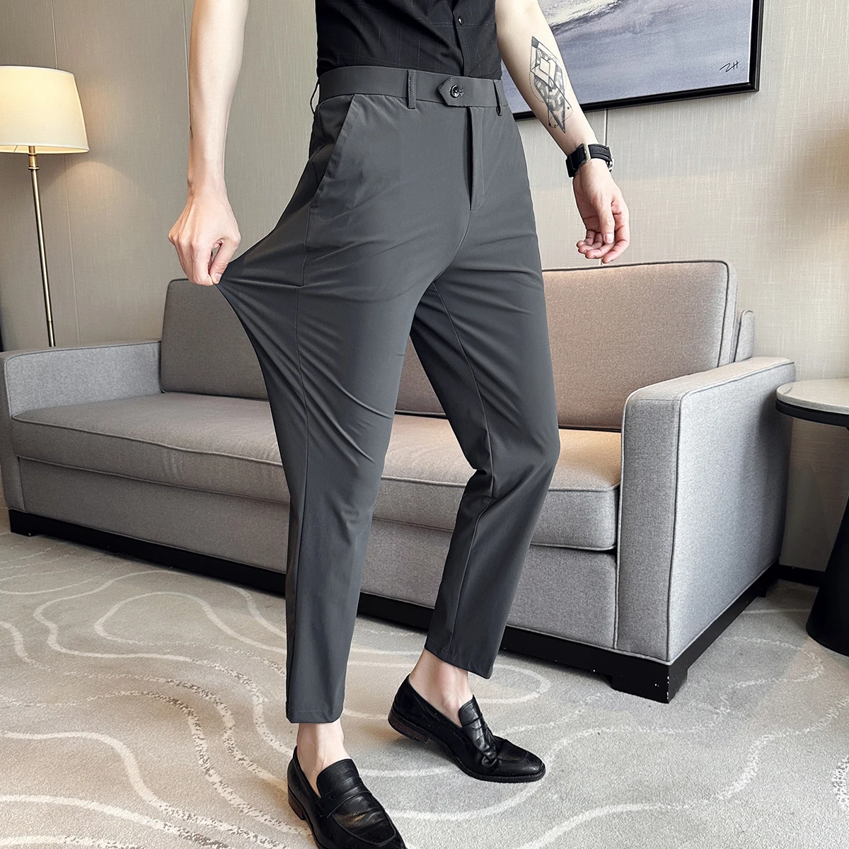 

Summer Men Suit Pants Fashion 2023 Korean Slim Fit Business Solid Clothing Formal All Match Ankle Length Male Dress Trousers L49