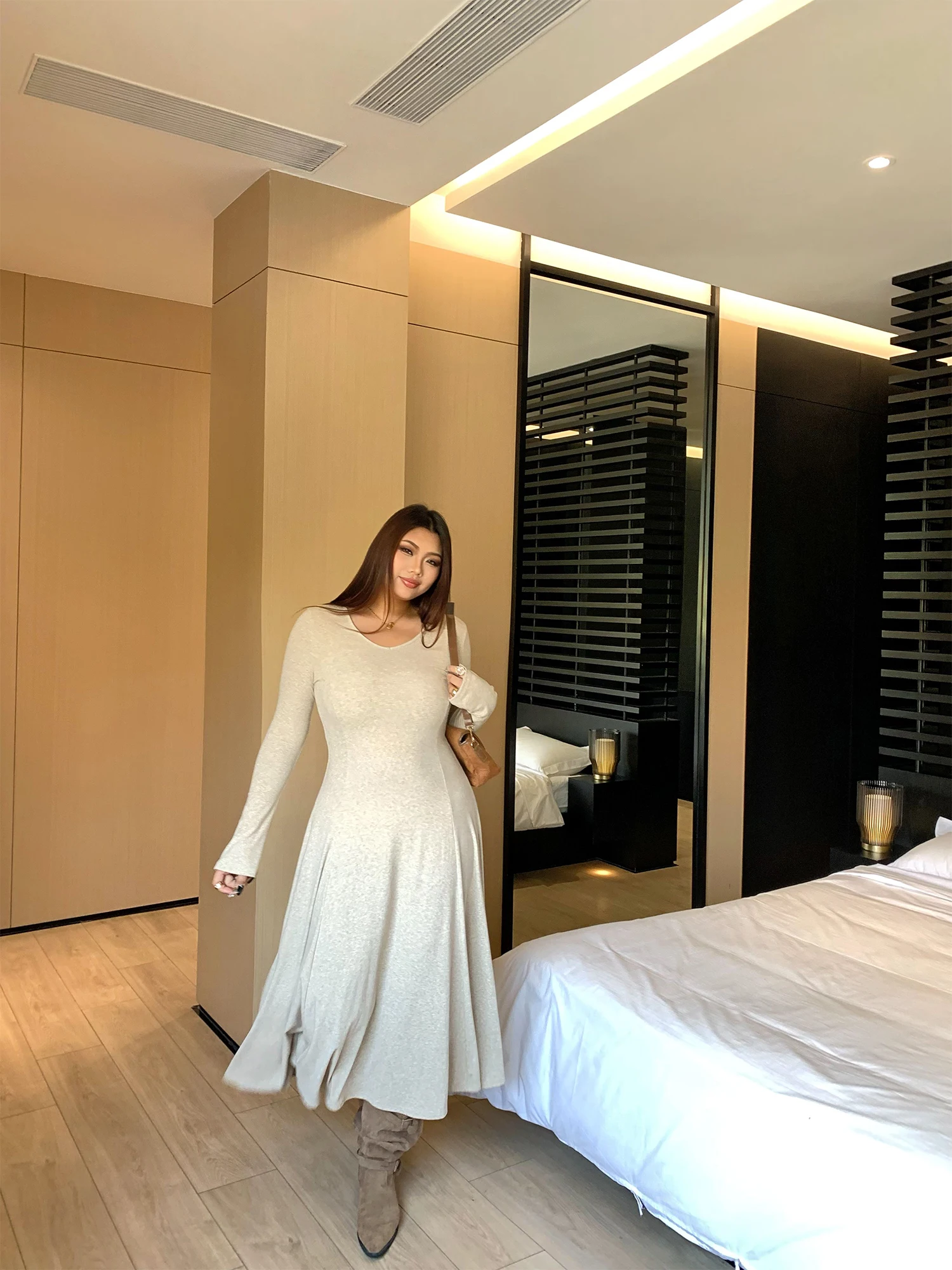 

Nangle Micro plus Size Long Sve Dr Women's New 2025 Autumn Winter Slimming High Waist A-Line Skirt Cotton Blend Dr