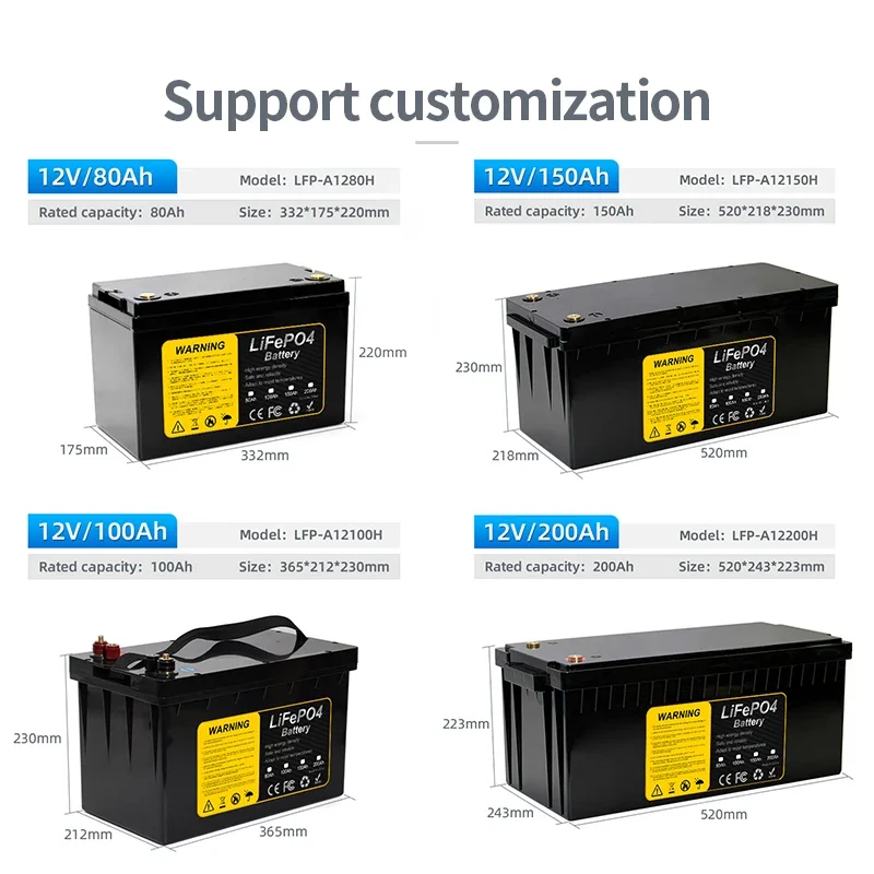Power Bank Single 12V 200Ah LiFePO4 Battery Travelling Household Storage Battery Pack Storage Energy Electric Batterie Accu