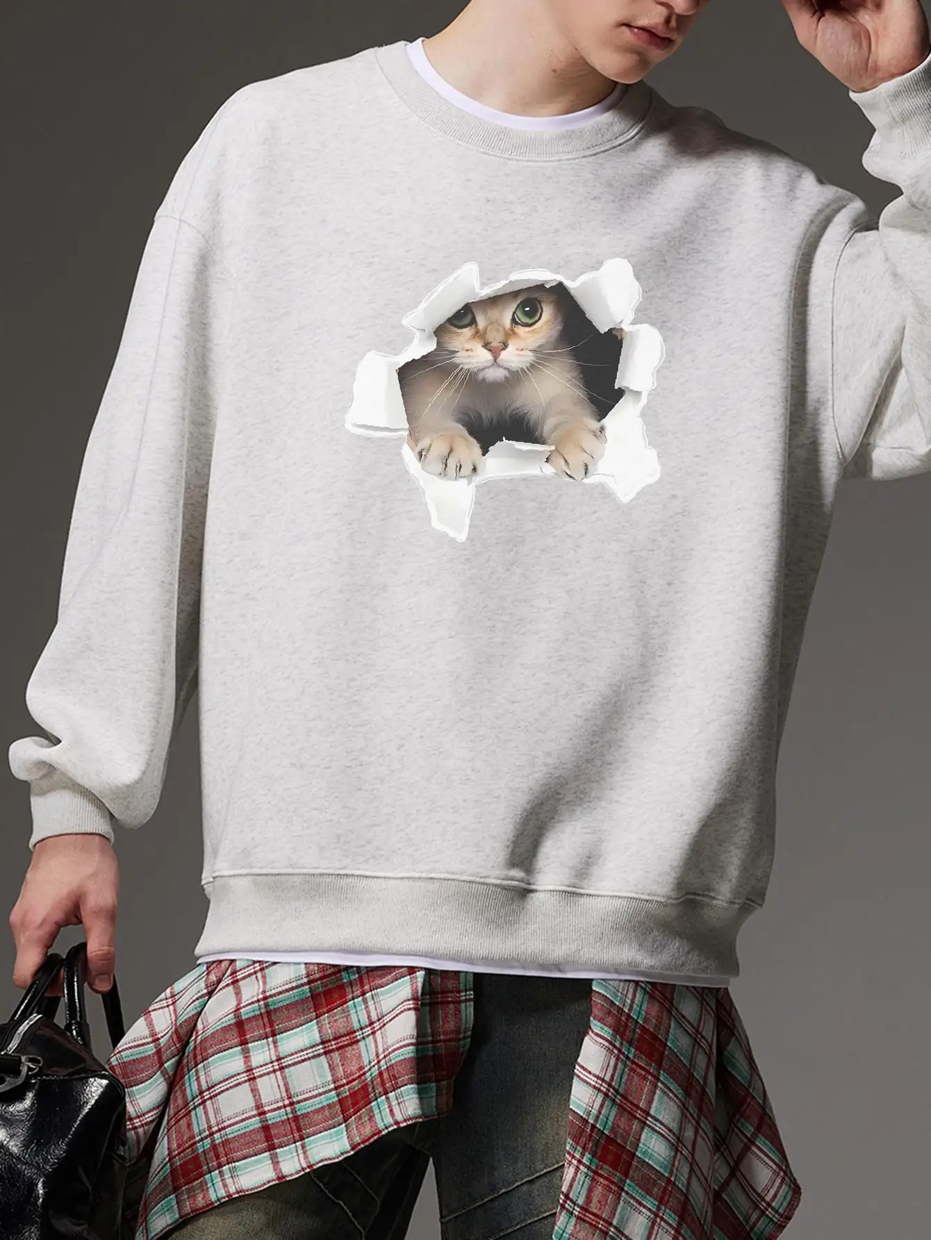 Cute Cat Print Man Pullover Fashion Brand Sweatshirt Drop Shoulder Autumn Hoodies For Unisex Y2k Kawaii Male Kpop Clothing