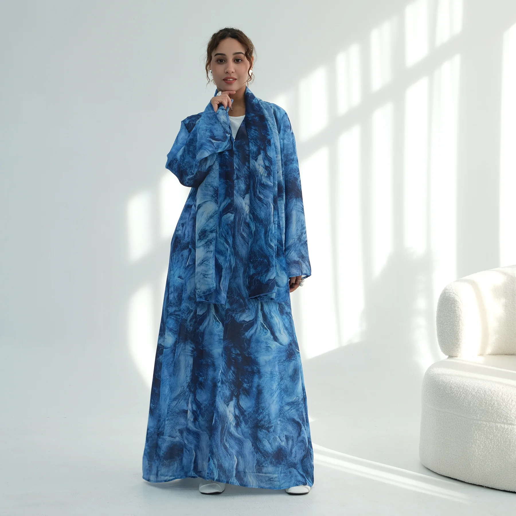 도매 쉬폰 오픈 아바야 옴브레 수채화 마블 타이다이 프린트 프리미엄 두바이 아바야 2피스 세트 이슬람 의류