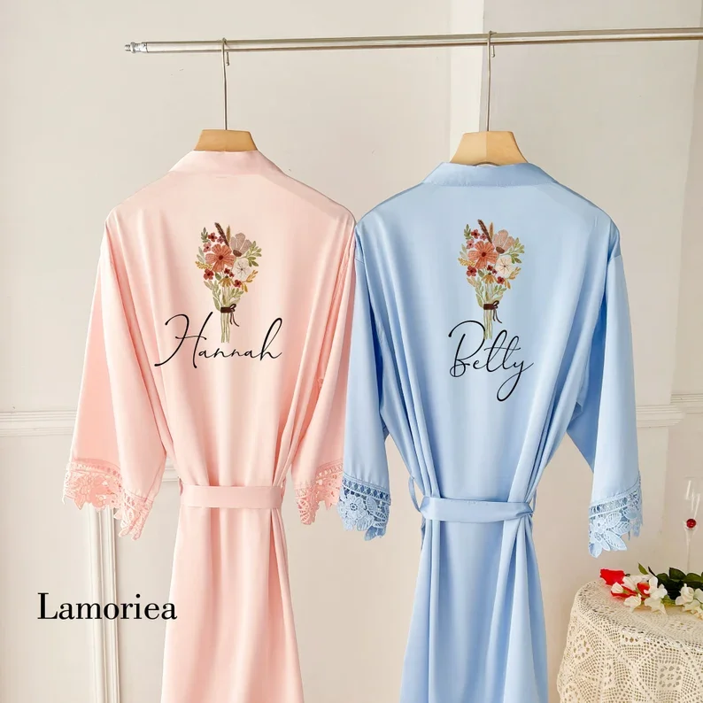 Personalised Sky Blue Floral Wreath Robes Custom Bridal Robe Satin Wedding Bridesmaid Kimono Dressing Gown Maid of Honor Robe