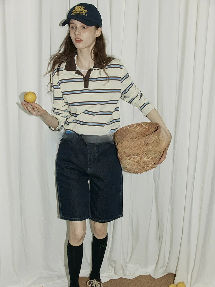 

Relez Color Blo Double Layer Collar Long Sve T-irt Women's Casual Versatile Striped Top Autumn New Design Loose Fit