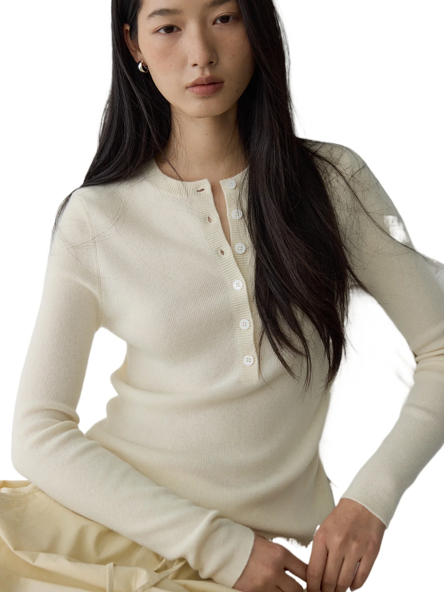 

Strong twist 36 anti-pilling Consinee pure cashmere, shell buckle crew neck Henry neck top bottoming shirt women