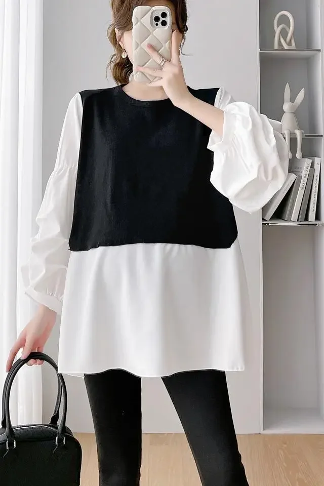 910# Autumn Spring Korean Fashion Patchwork Maternity Blouses Sweet Ins Loose Shirts Clothes for Pregnant Women Pregnancy Tops