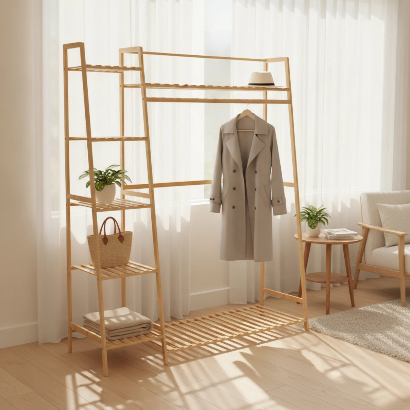 Bamboo Clothing Rack with Shelves Minimalist Wardrobe Organizer with Hanging Rod Furniture Space-Saving for Bedroom