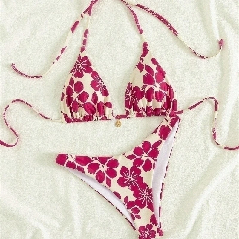 Floral Print Bathing Suit Women Bikini Set Sexy Halter Triangle Bandage Micro Bikini Summer 2025 New Casual Holiday Beachwear