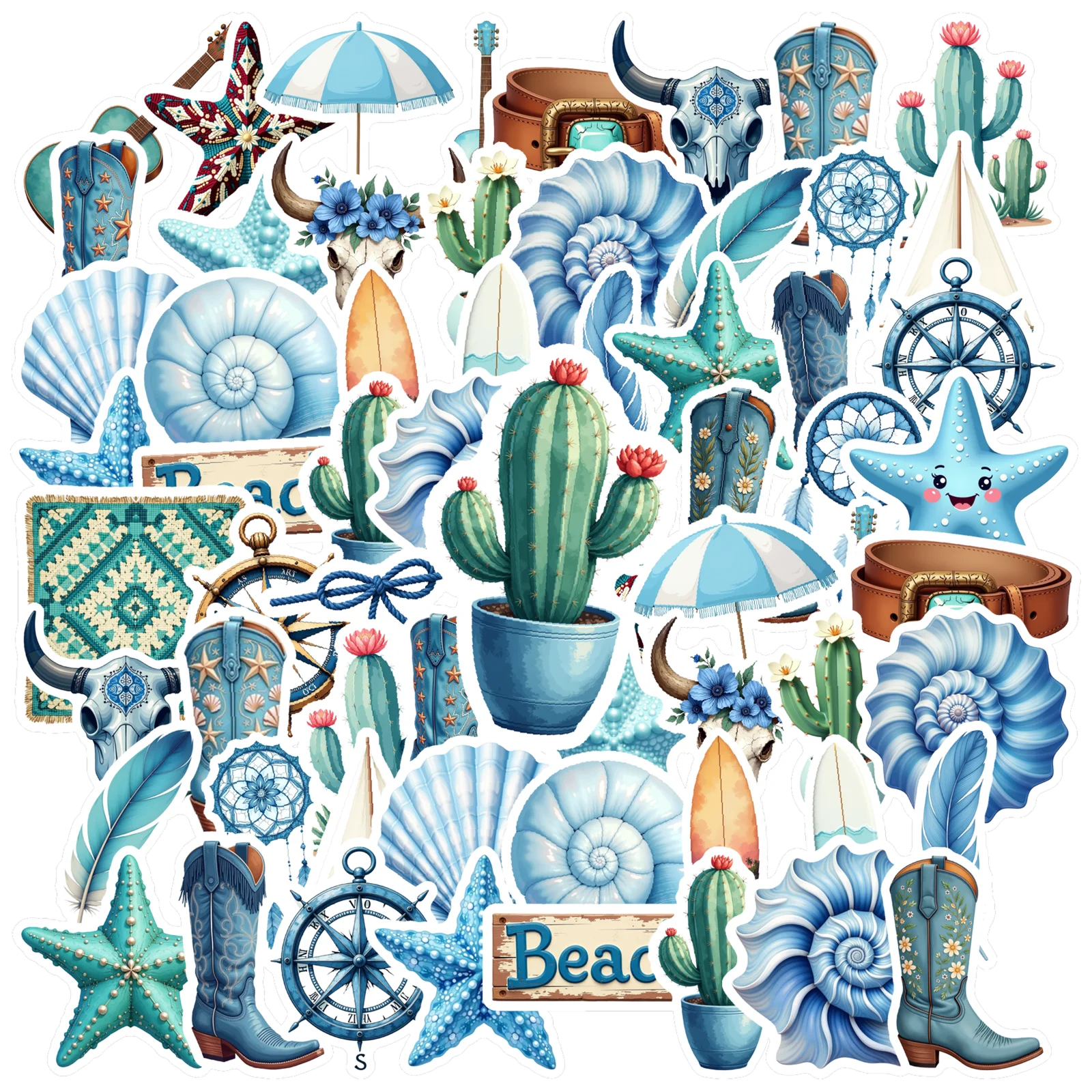 35-100pcs Coastal Beach Stickers Blue Themed Cute Graffiti Decorative Luggage Notebook Waterproof Decal Stationery