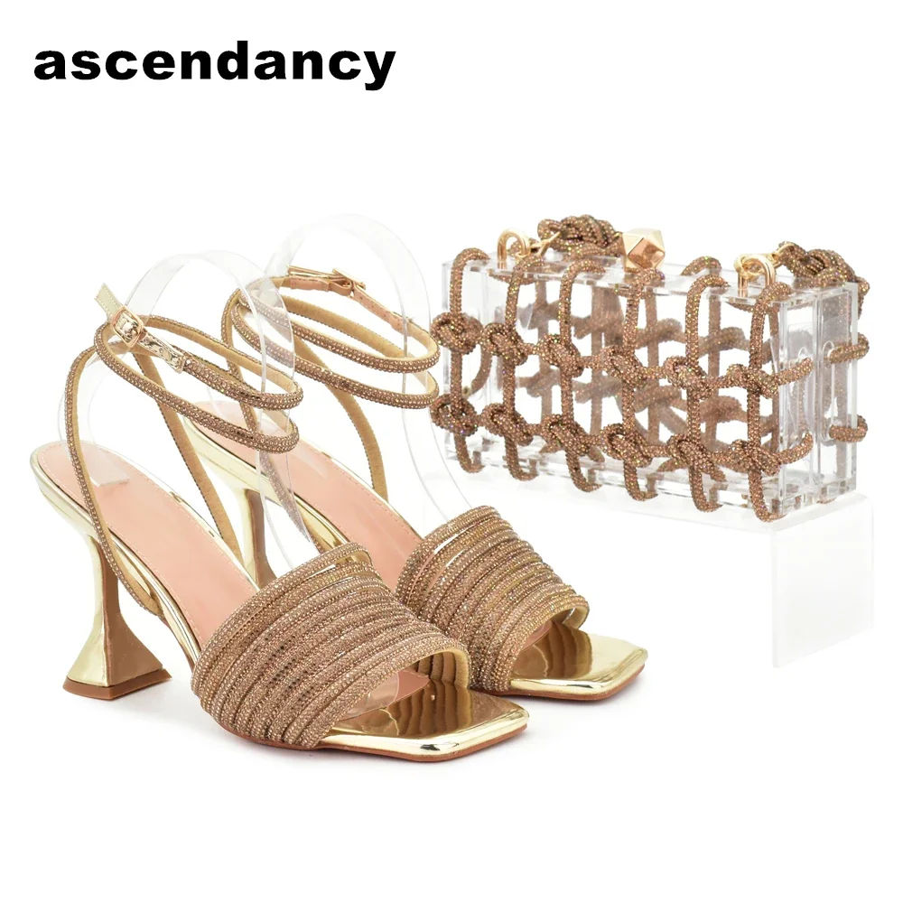 New Arrival Nigeria Bag and Shoes for Ladies Italian Shoes and Bags Matching Set Decorated with Rhinestone Women Shoe Size 43