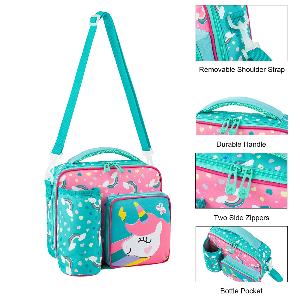 Lunch Bags for Children Unicorn Insulated Lunch Tote Bag for Boys Girls Adjustable Shoulder Strap Durable Handle Bottle Pocket