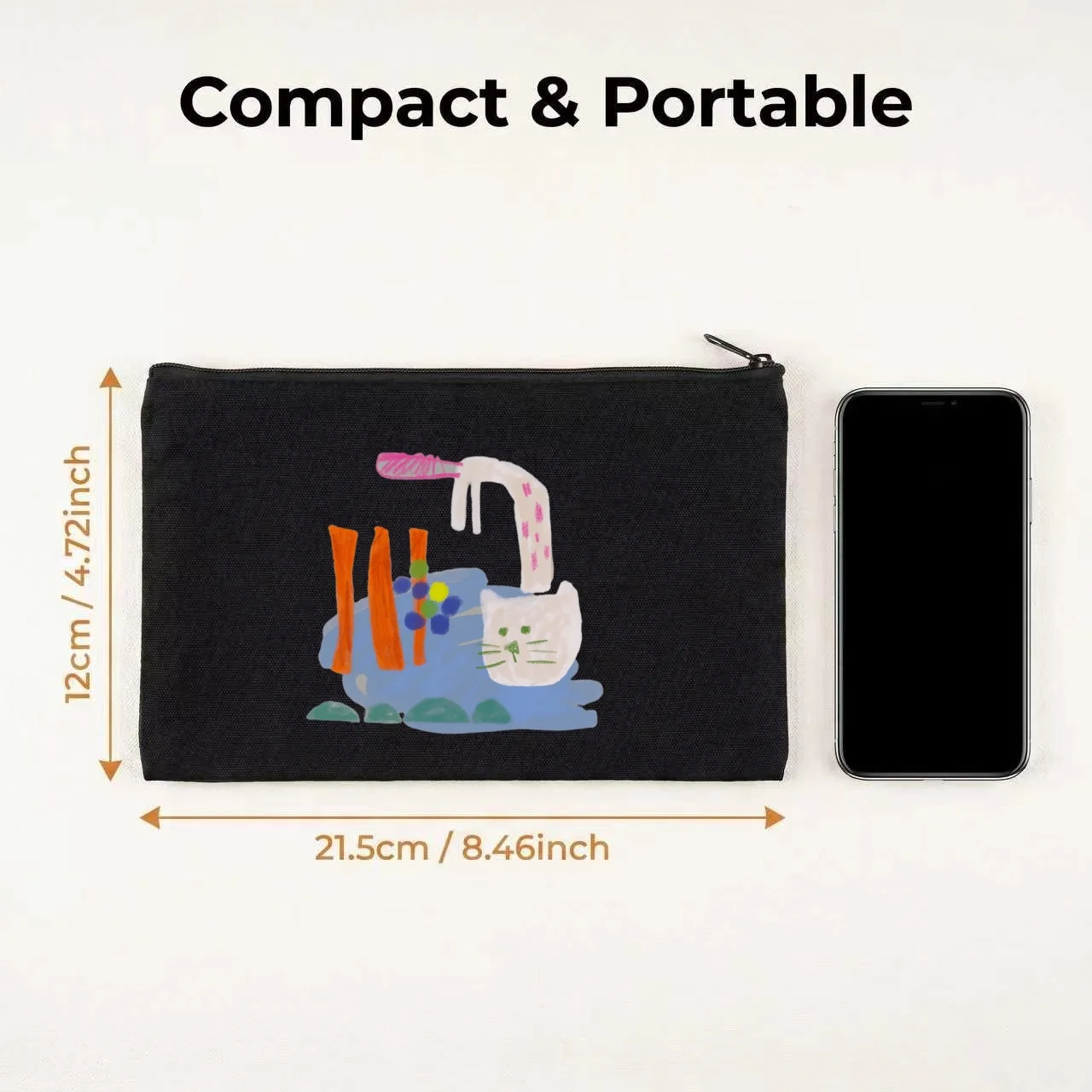 1PC Abstract Childlike Graffiti Kitty Noodle Bowl Print Makeup Bag Double Sided Canvas Daily Storage Organizer