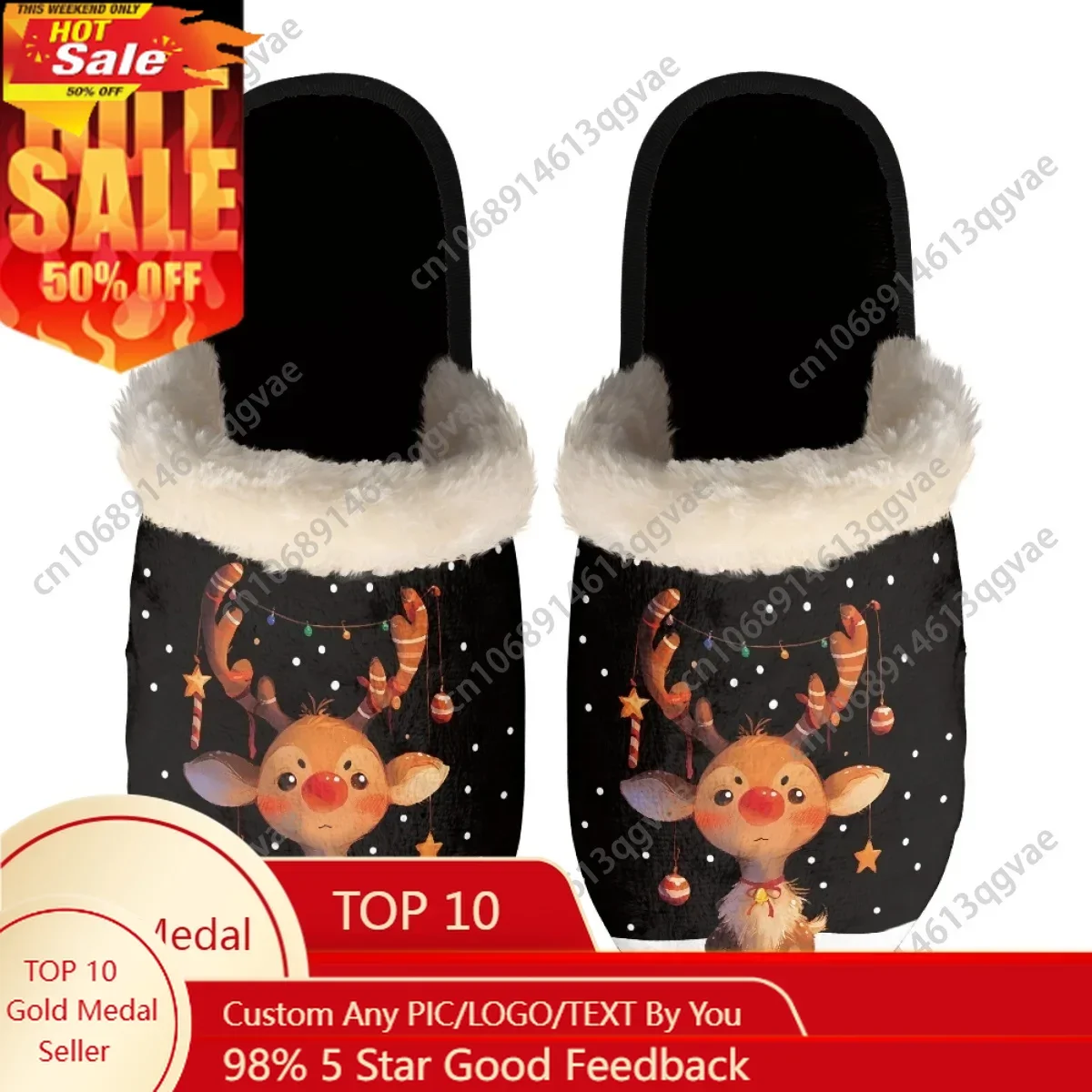 

Christmas Black Cat Wearing Santa Hat HoHo Slippers Mens Womens Home Cotton Plush Keep Warm Custom Thermal Lightweight Slipper