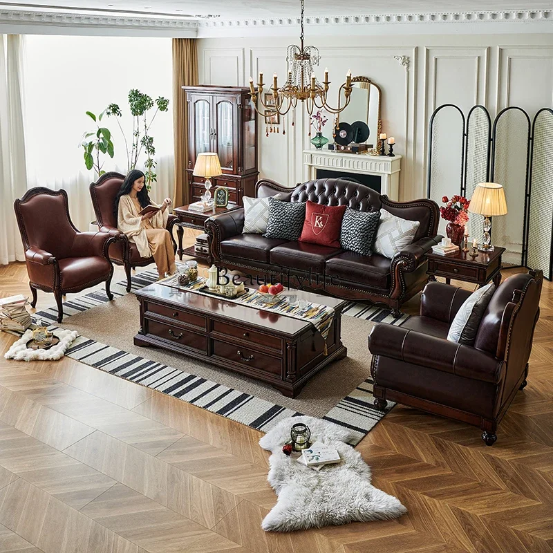 

08 American retro single sofa first layer oil wax leather living room leisure chair gold silk teak