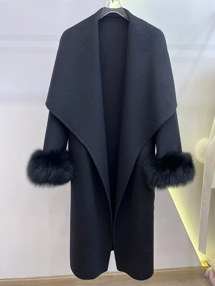 سترة صوف شتوية للسيدات لعام 2025 معطف فاخر من فرو الثعلب الحقيقي ملابس فضفاضة من الكشمير مزدوج