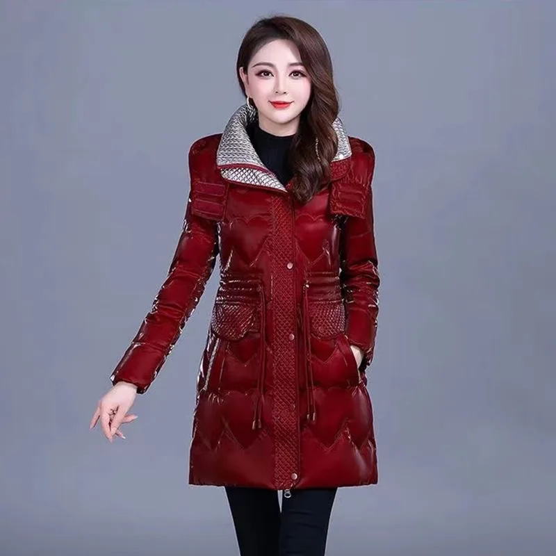 Fdfklak Bright Wash-free Down Cotton-padded Jacket Long Middle-aged Winter Jacket Women 5XL Big Size Coat ropa de invierno mujer