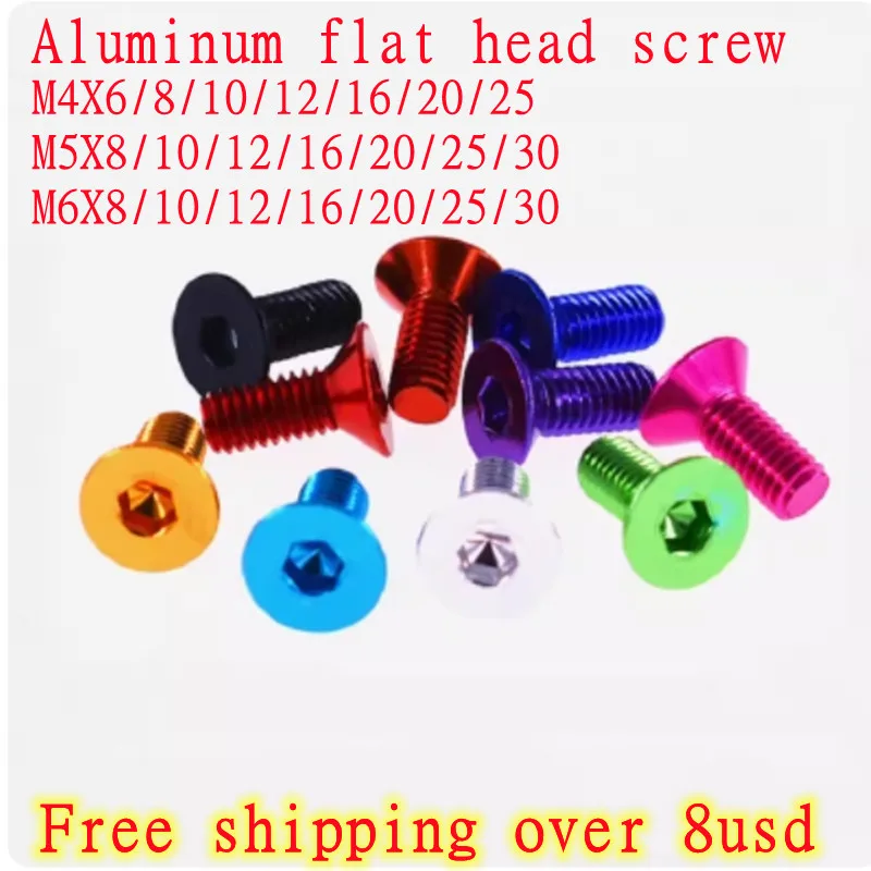 10pcs Anodized Aluminum Flat hex Screws M4 M5 M6*6/8/10/12/16/20/25/30 colourful Hex Socket Countersunk head Screws Bolts