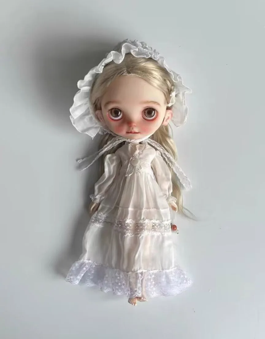 2025 Vintage Style 2pcs Blythe French lace white hollow out dress+hat 1/6 30cm(Fit for azone,Pullip,Ob22/24/26, Licca)