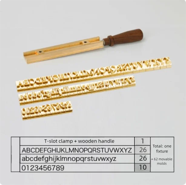 

Copper Brass Molds Alphabets Mold Upper letters 26pcs + Lower letters 26pcs + 10 Numbers + Clamp Fixture With Wood Handle