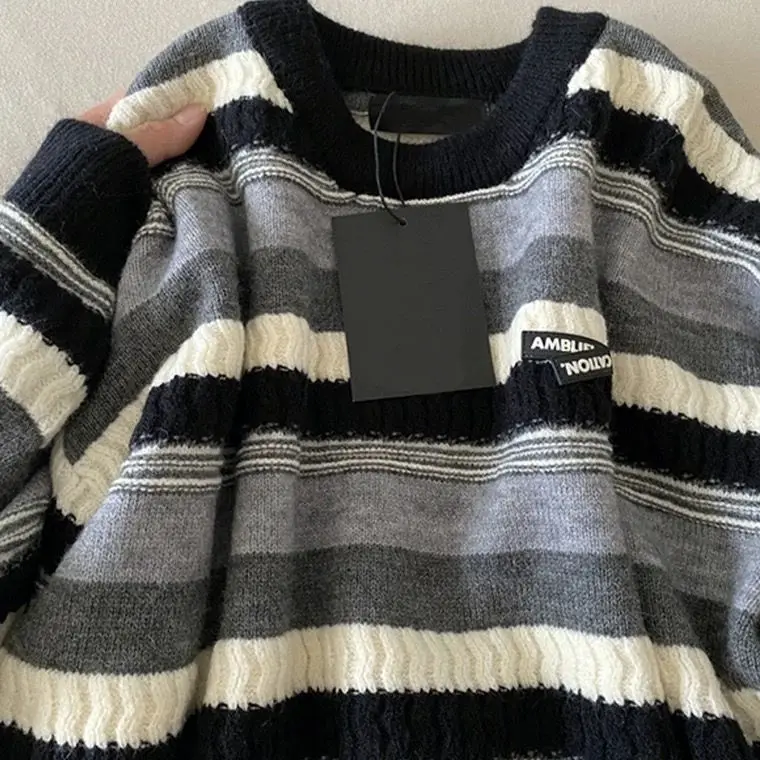 

Lazy style soft waxy striped sweater for men and women in autumn and winter loose casual high-end Hong Kong style forest sweater