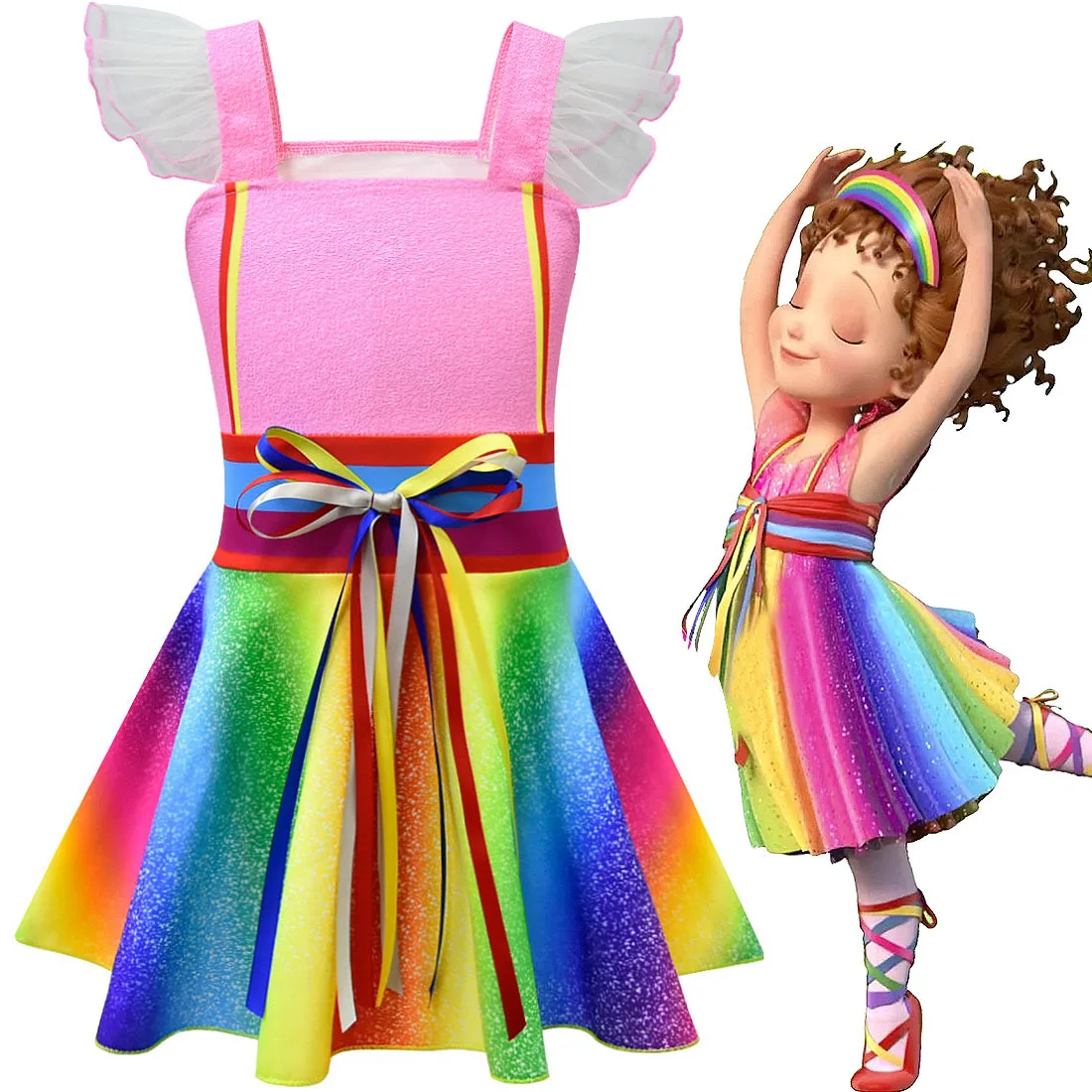 Kids Anime Cartoon Fancy Nancy Mesh Ruffle Bandage Rainbow Dress Outfit for Girls Christmas Halloween Cosplay Costume