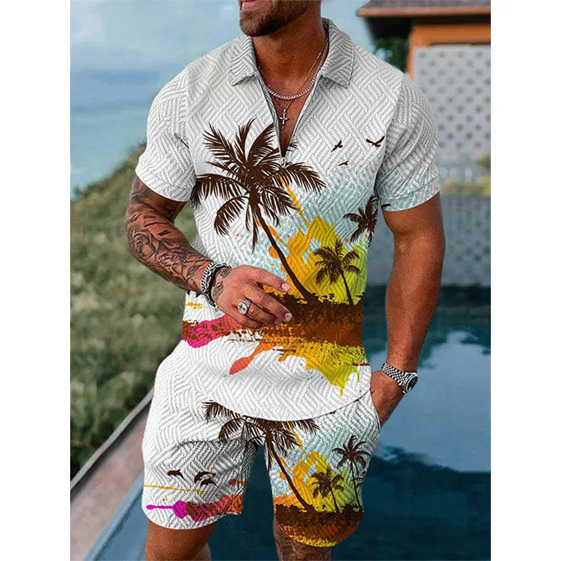 Hawaii Tracksuit 3D Print Beach Polo Shirts Shorts Sets 2 Pieces Man\'s Oversized Short Sleeve Shirt Pants Set Suits Men Clothing