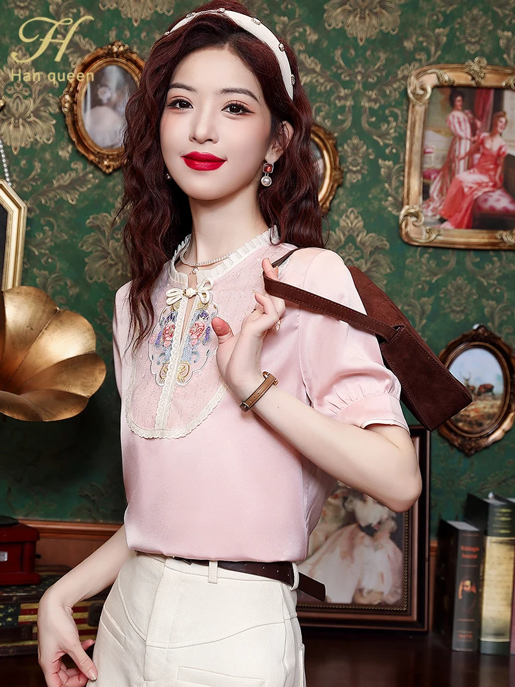 H Han Queen 2024 Summer Elegant Blouses New Korean Style Mesh Embroidery Loose Casual Vintage Shirts Office Wear Work Women Tops