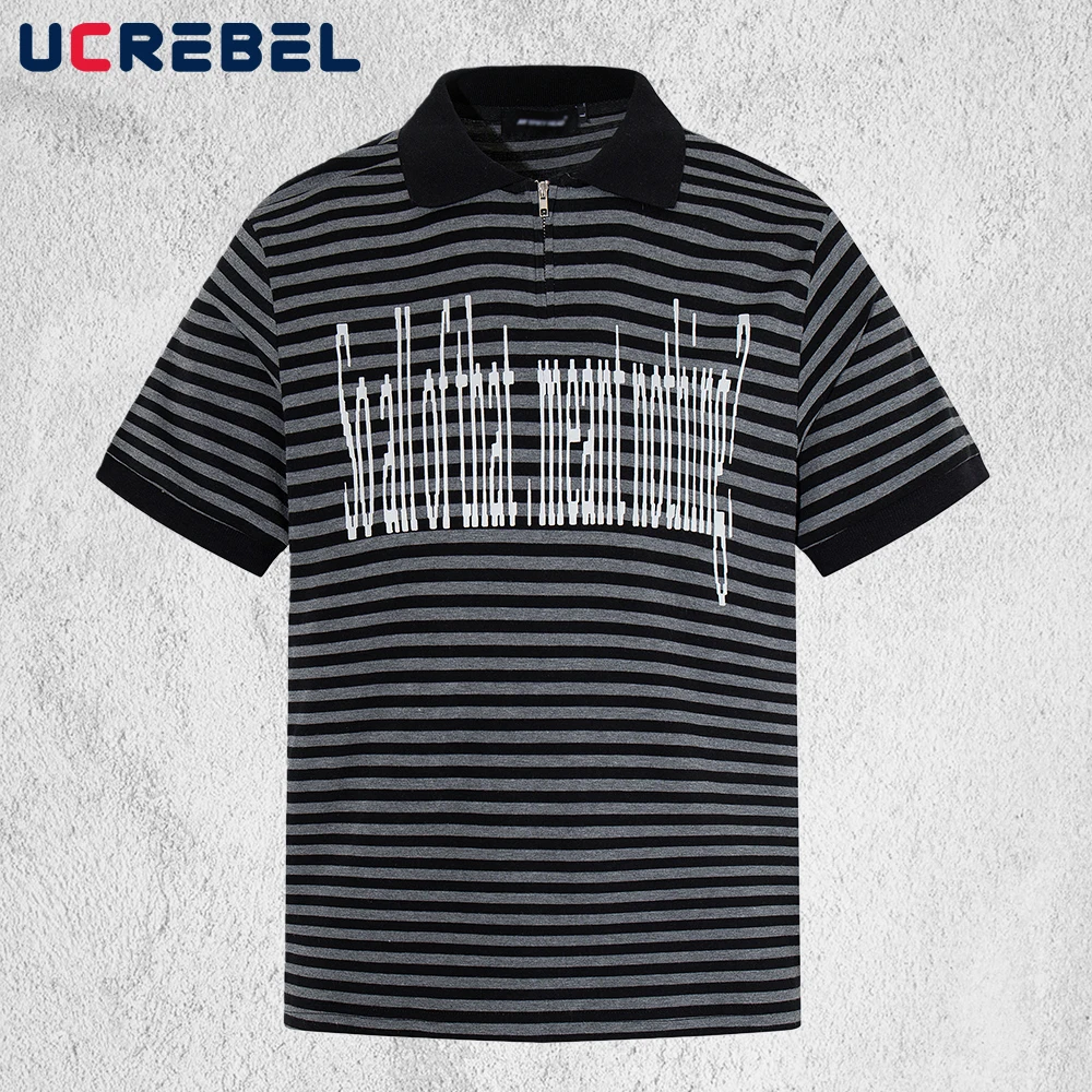 

Letter Print Striped Polo Shirts Mens Half Zipper Summer Retro Y2k Streetwear Loose Spliced Short Sleeve Tee Man Tops