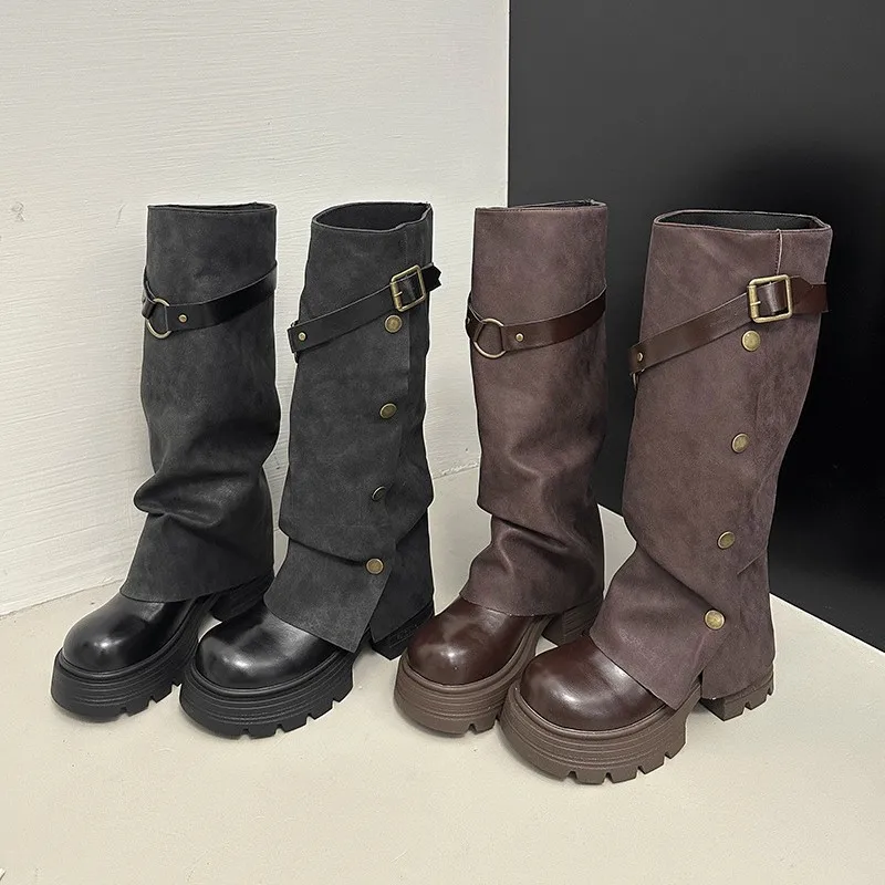 

2026 New Autumn New Knee-High Boots Belt Buckle Thick Heel Platform Women's Shoes Punk Style Round Toe Slip on Bottes Femmes