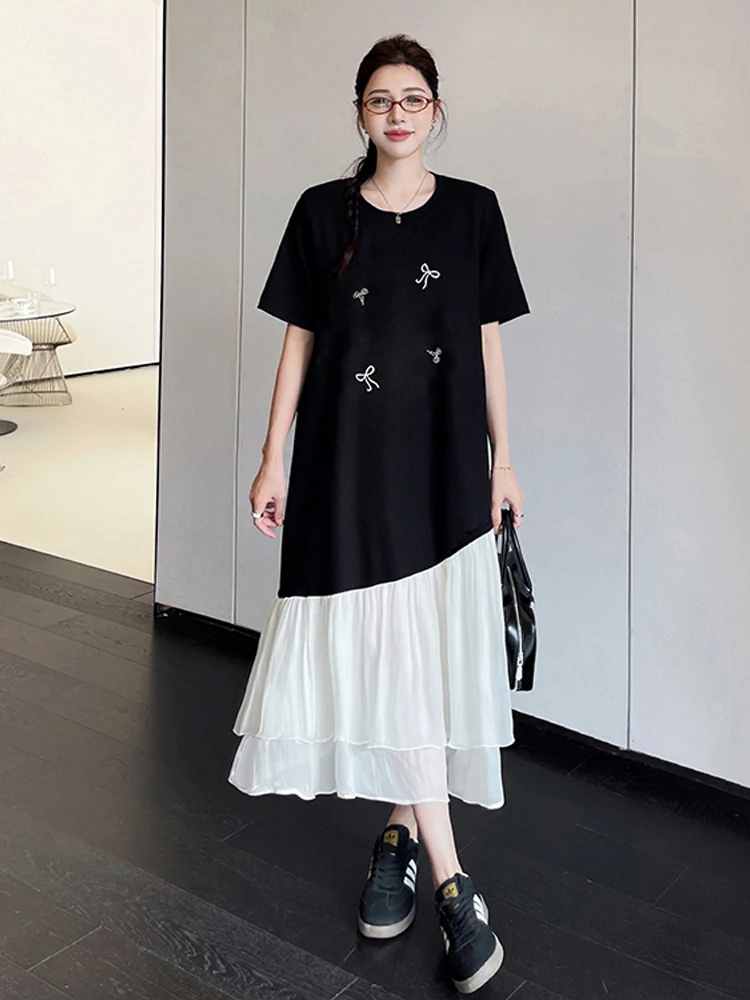 NYFS فستان صيفي 2025 كوريا نمط المرأة فضفاضة حجم كبير كم قصير غير النظامية المرقعة الغزل هيم فستان طويل رداء Elbise #3