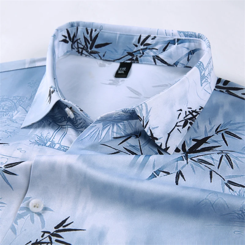 Mulberry Silk Men's Printing Clothes 2024 Summer Fashion Bambooo Tree Print Shirts Short Sleeve Seamless Smooth Dress Shirts