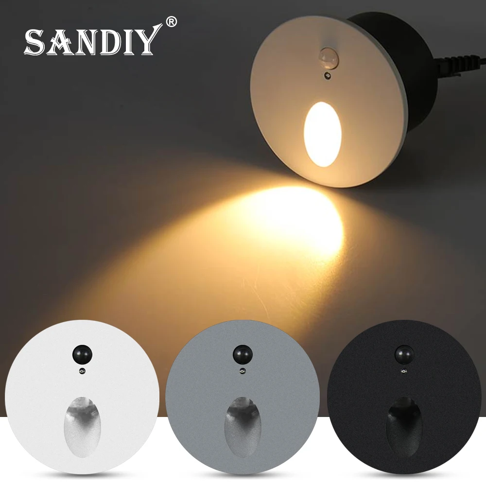 SANDIY Led Stair Light Motion Sensor Wall Lamp Recessed Round Night Lights with 60mm Box for Step Balcony Kitchen Bedroom Closet